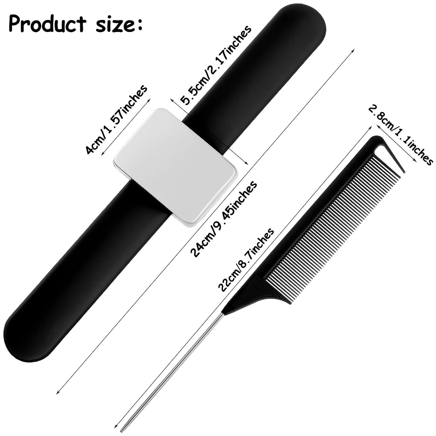 WILLBOND Magnetic Wrist Sewing Pincushion Wrist Magnetic Pin Holder Wristband Pin Cushion Holder with 3 Pcs Stainless Steel Pintail Comb Rat Tail Comb for Hair Clips Hand Sewing(Black)