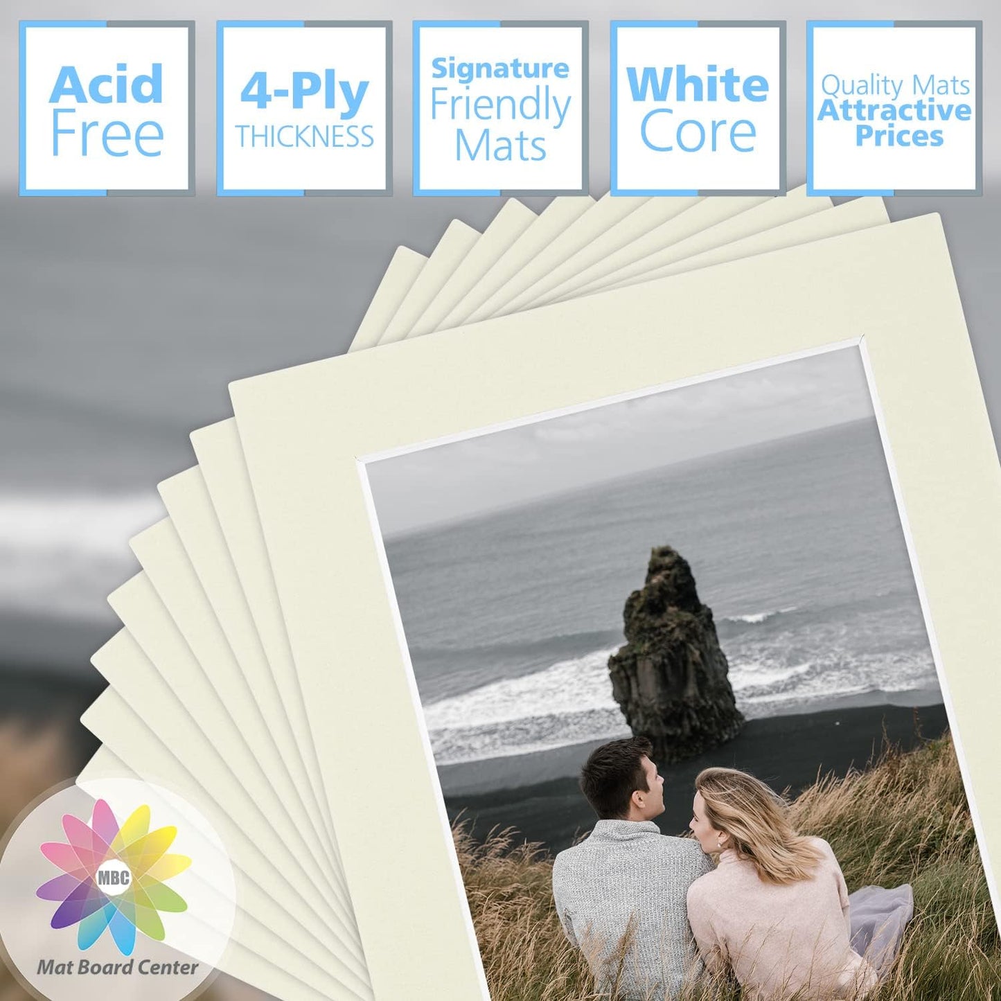 Mat Board Center, Pack of 10, 5x7 for 4x6 Light Gray Color Mats - Bevel Cut, Acid Free, 4-ply Thickness, White Core - for Pictures, Photos, Framing