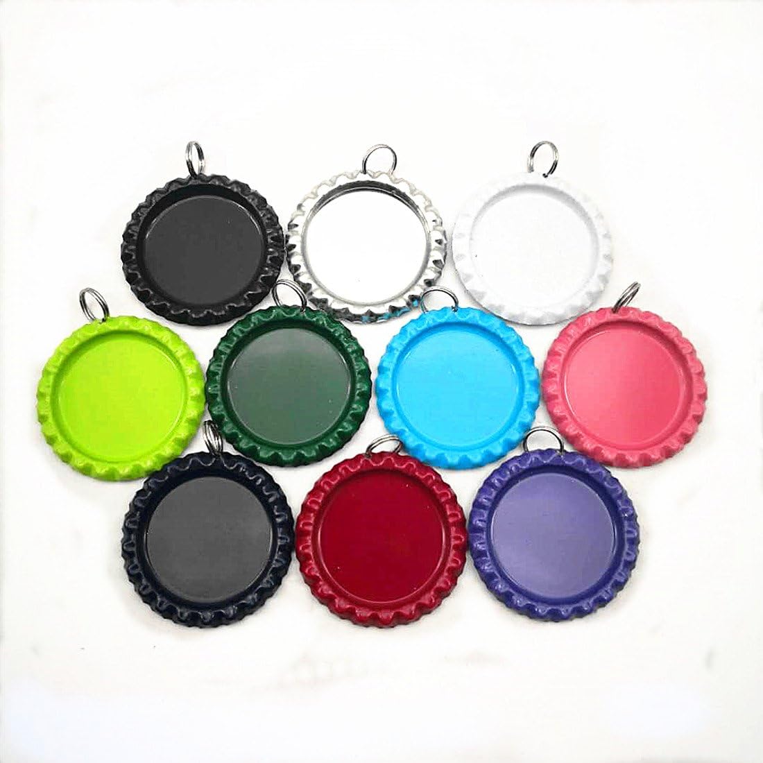 Mixed Colors Flat Bottle Caps with Holes and Rings – 1 Inch Aluminum Bottle Cap Pendants for DIY Jewelry, Crafts, Keychains – 50 PCS