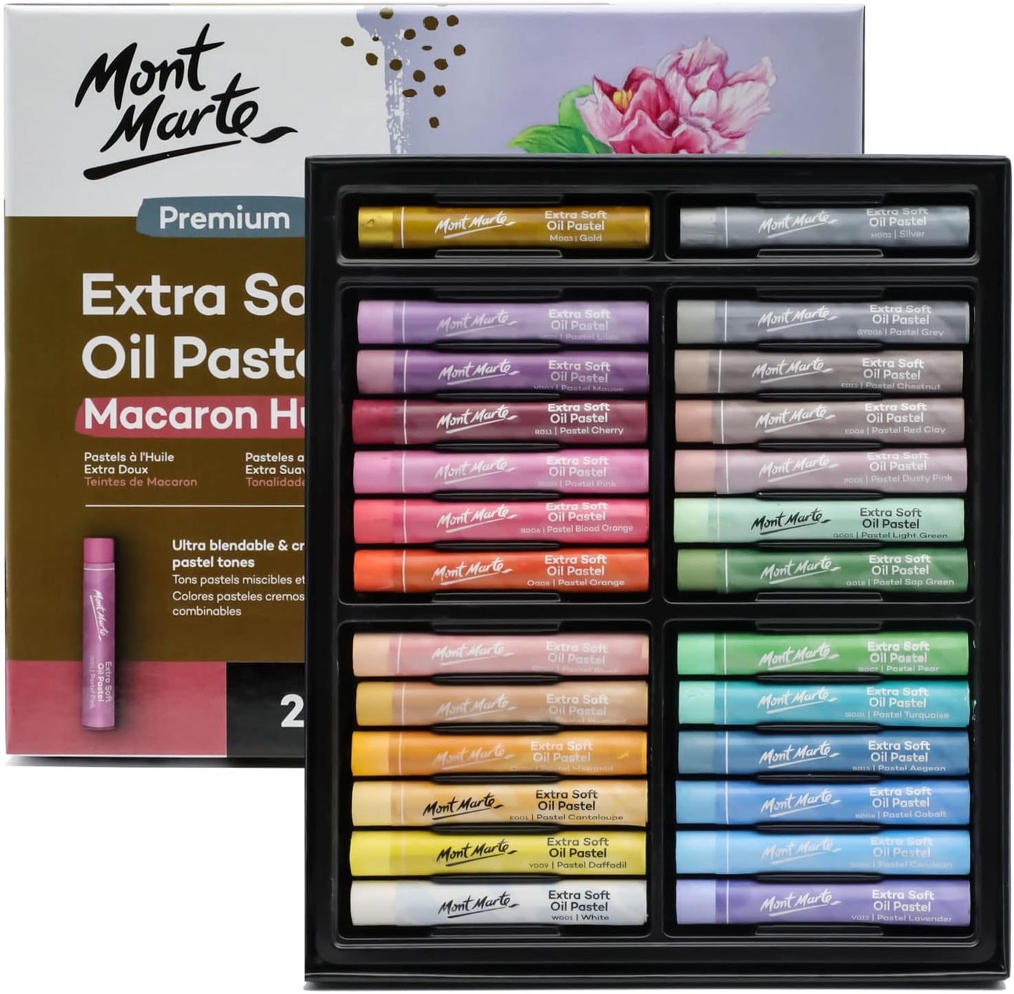 Mont Marte Extra Soft Oil Pastels Macaron Hues Premium 26pc, Assorted Pastel & Metallic Colors, Vibrant, Buttery, Versatile Art Pastels for Blending, layering & Shading, Coloring, Sketching