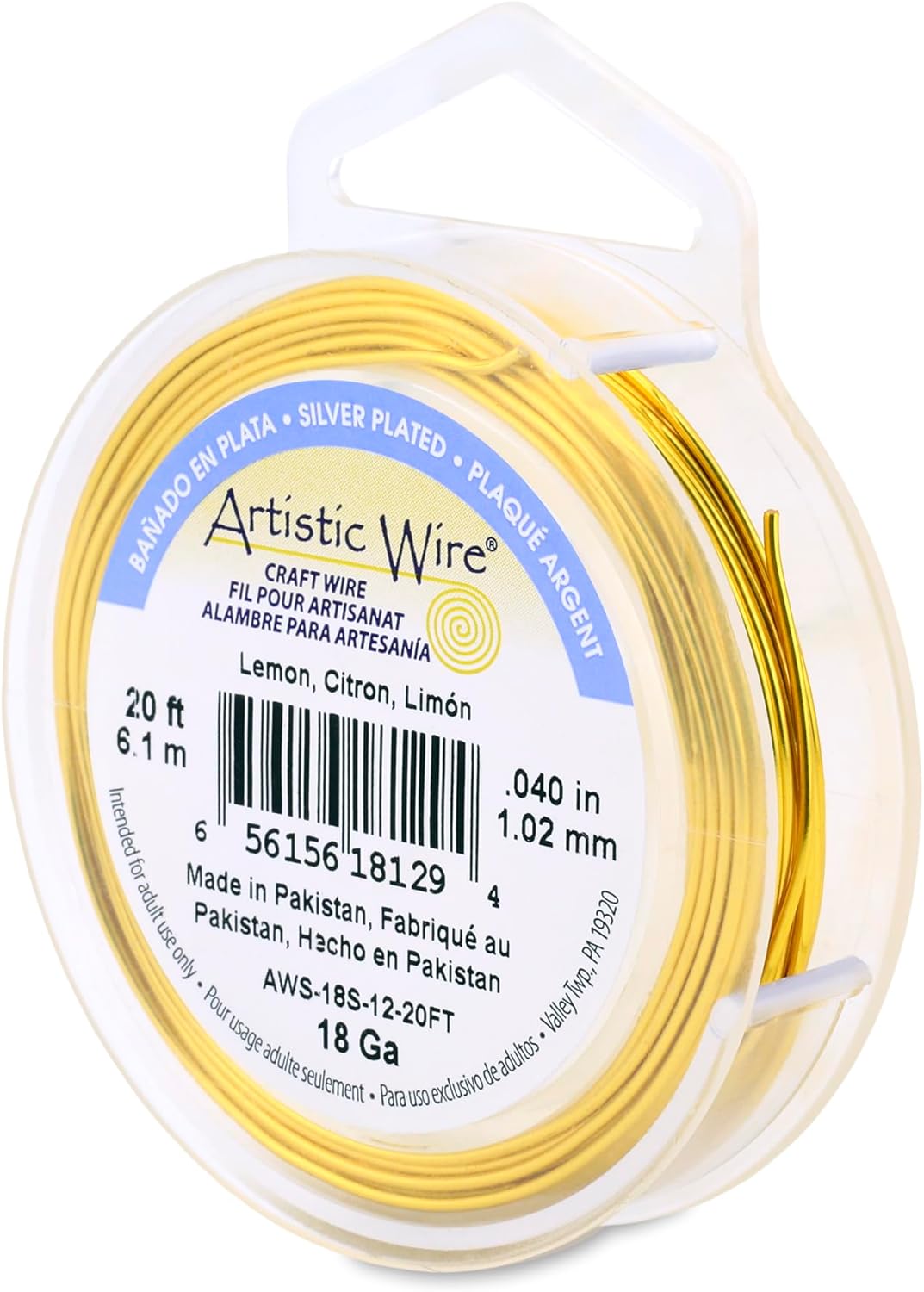 Artistic Wire, 18 Gauge Silver Plated Tarnish Resistant Colored Copper Craft Wire, Lemon, 20 ft
