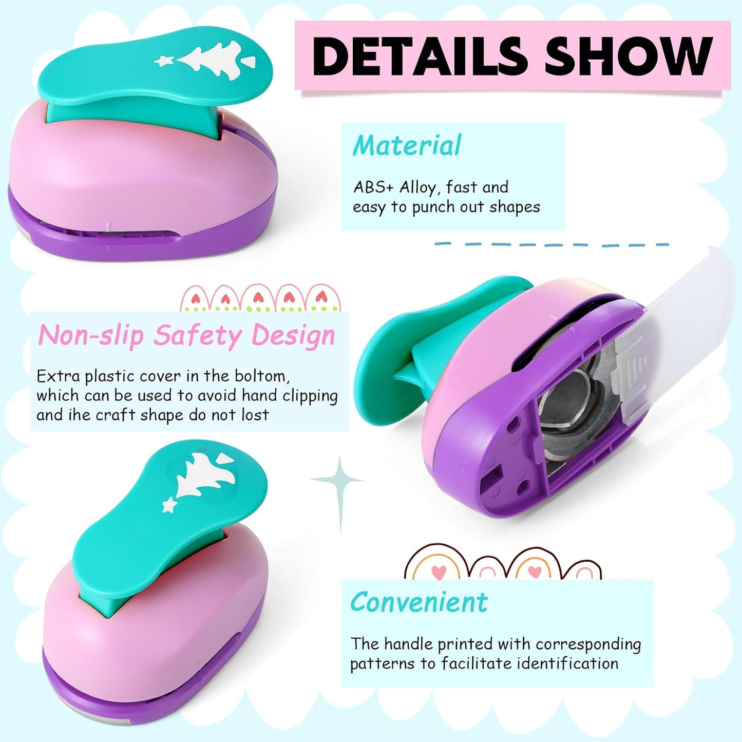 CHENGU 16 Pcs Craft Holes Punch Paper Punchers Scrapbook Punches with Craft Sticker Paper, Round, Star, Square, Heart, Flower, Wave Circle Shape (1 Inch,Christmas)