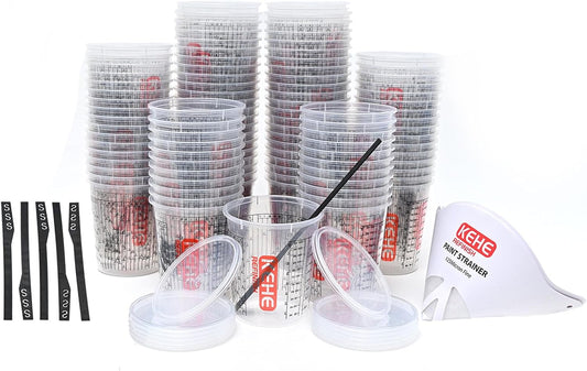 100 Pack Paint Mixing Cups by KEHE REFINISH,18 oz (550ml),Disposable or Reusable Plastic Measuring Cups with Lids for Liquids, Paints, Resin, Epoxy, Art,Ratios 1:1,2:1, 3:1, 4:1,5:1,6:1,7:1,8:1