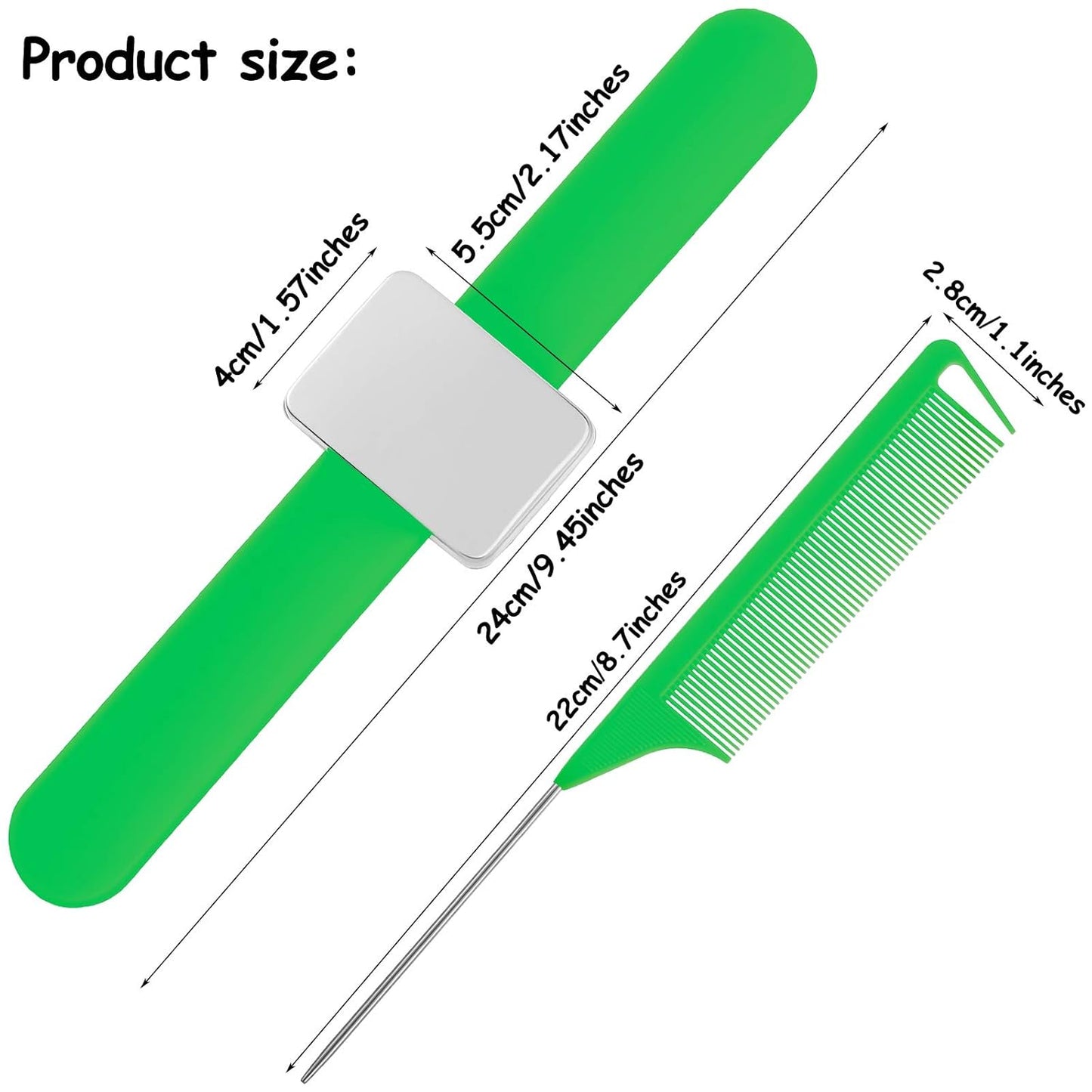 WILLBOND Magnetic Wrist Sewing Pincushion Wrist Magnetic Pin Holder Wristband Pin Cushion Holder with 3 Pcs Stainless Steel Pintail Comb Rat Tail Comb for Hair Clips Hand Sewing(Green)