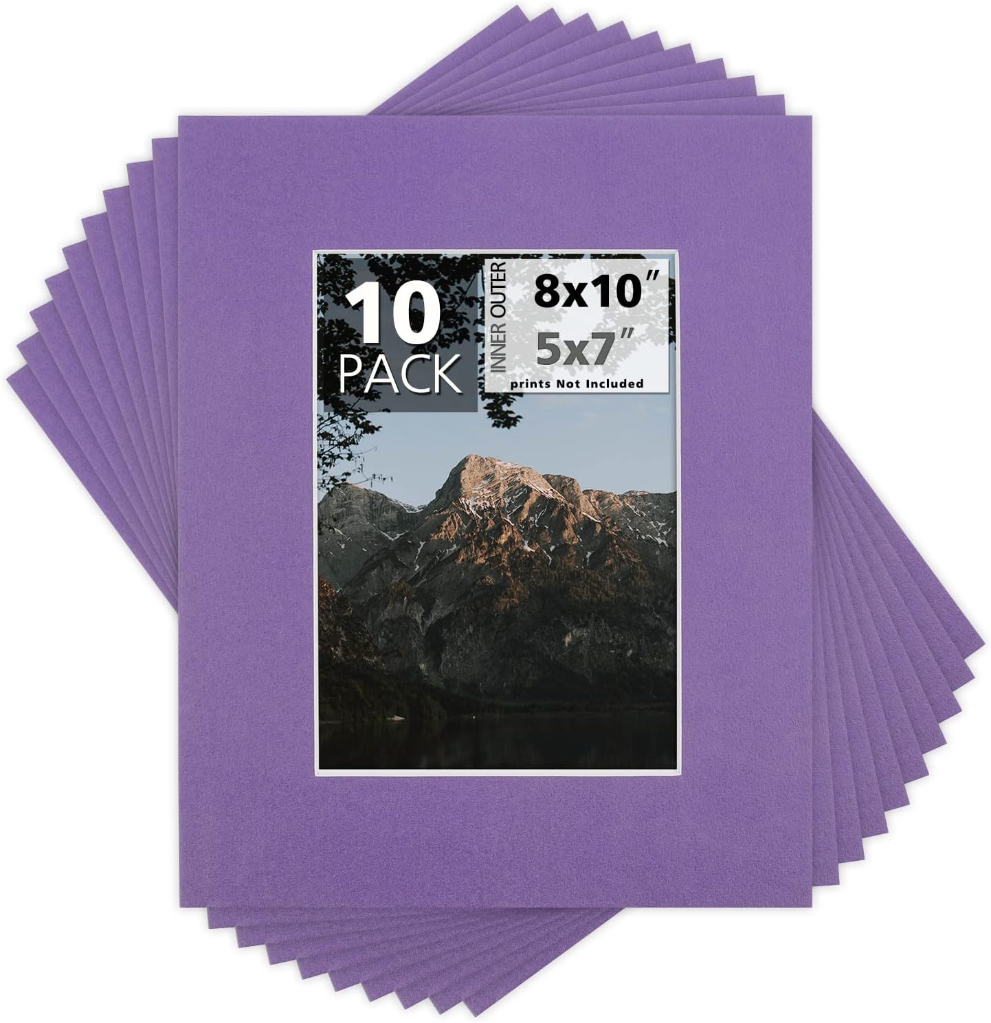 Mat Board Center, Pack of 10, 8x10 for 5x7 Purple Color Mats - Bevel Cut, Acid Free, 4-ply Thickness, White Core - for Pictures, Photos, Framing