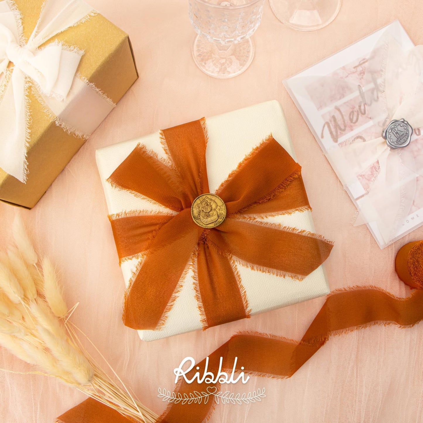 Ribbli Fall Chiffon Ribbon 1.5 inch x 30 Yard Handmade Silk, Cream/Beige/Terracotta Fringe Chiffon Ribbon for Wedding Invitations, Bridal Bouquets Wrapping, Flower Arrangement Decoration