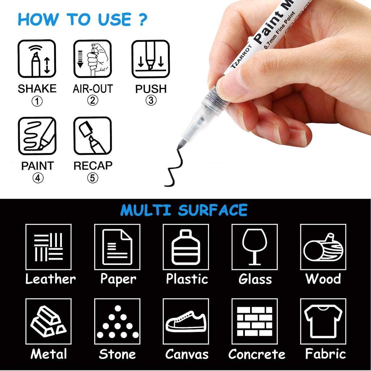 TZARROT White Paint Pen, 8 Pack 0.7mm Acrylic Paint Pens with 2 White 2 Black 2 Gold 2 Silver Permanent Marker for Wood Rock Fabric Metal Plastic Ceramic Acrylic Markers Extra Fine Tip