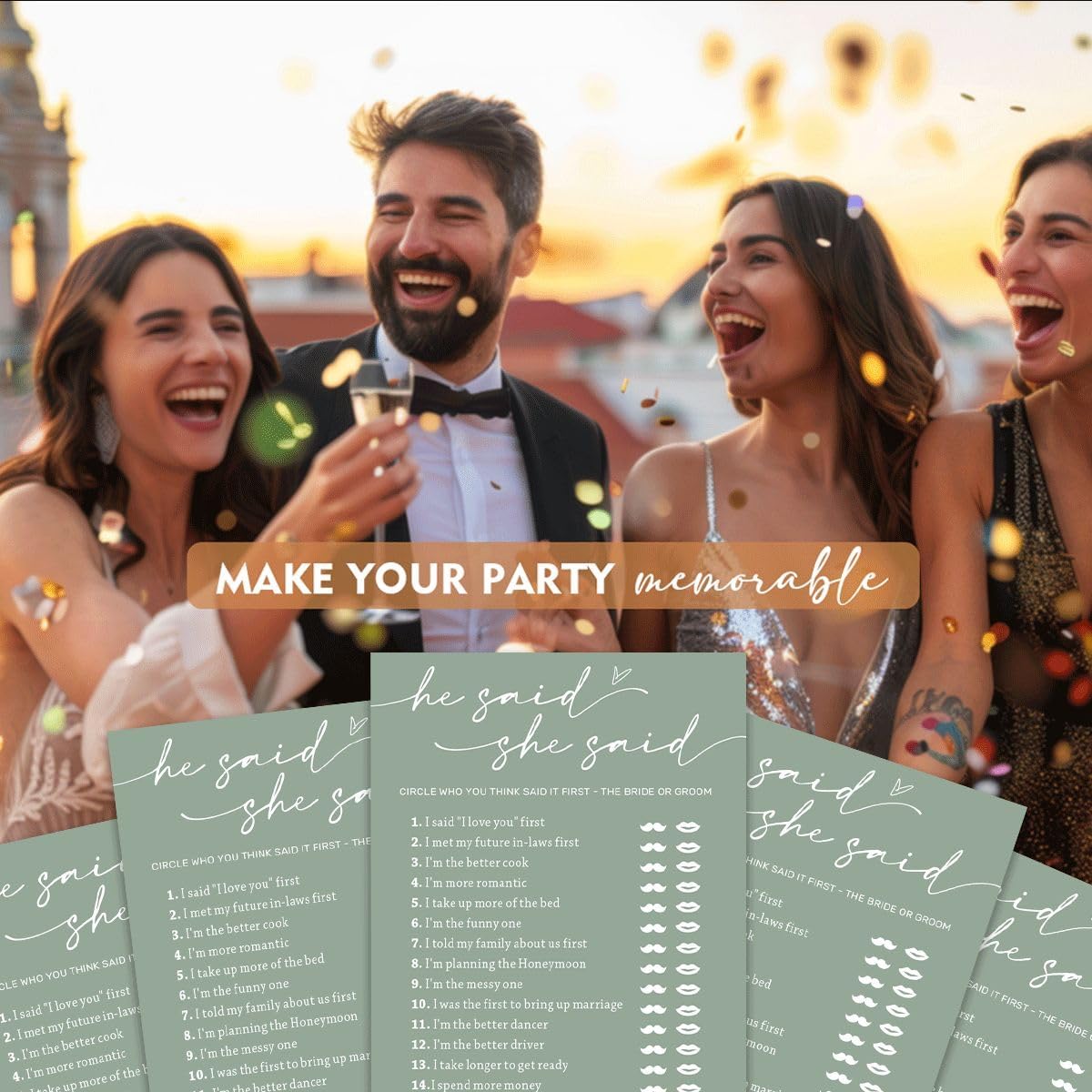 Minimalist Green Wedding Party Supplies: 25 Guest Bridal Shower Games - Engagement Party Cards