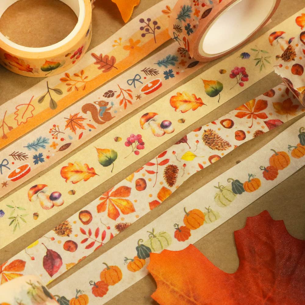 YUBBAEX 10 Rolls Four Seasons Washi Tape Set Yellow Leaves & Flowers Masking Decorative Tapes (Autumn)