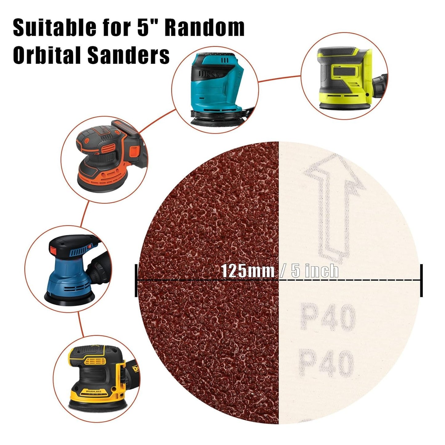 40 Grit 5 Inch Sanding Discs Hook and Loop Sandpaper, 100 PCS 8 Hole Adhesive Coarse Sand Paper for Random Orbital Sander