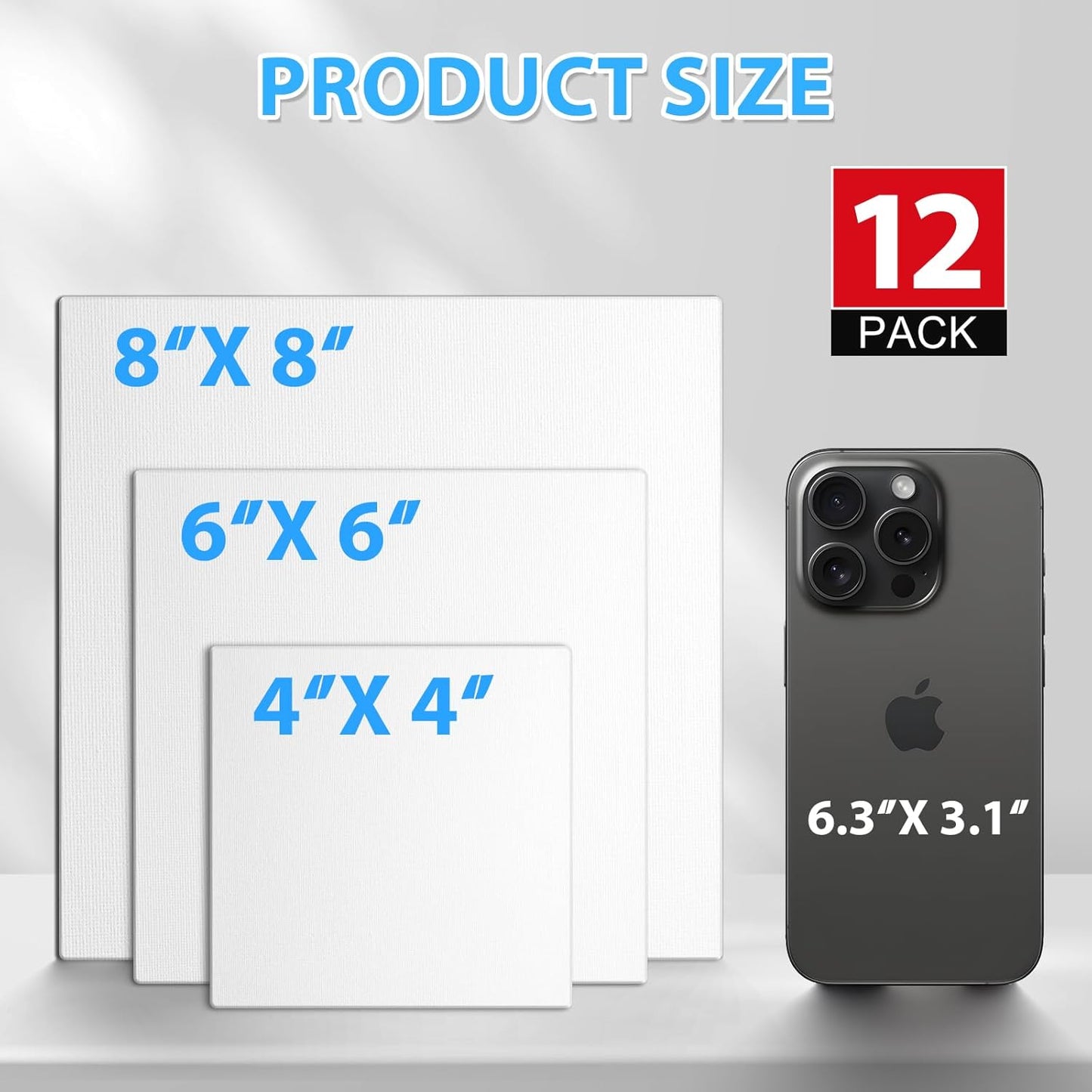 ESRICH Canvas Boards for Painting 12 Pack Canvas for Painting 4x4, 6x6, 8x8 Blank Canvases for Painting-Cotton Primed Painting Canvas Panels for Acrylic, Oil, Gouache & Tempera.