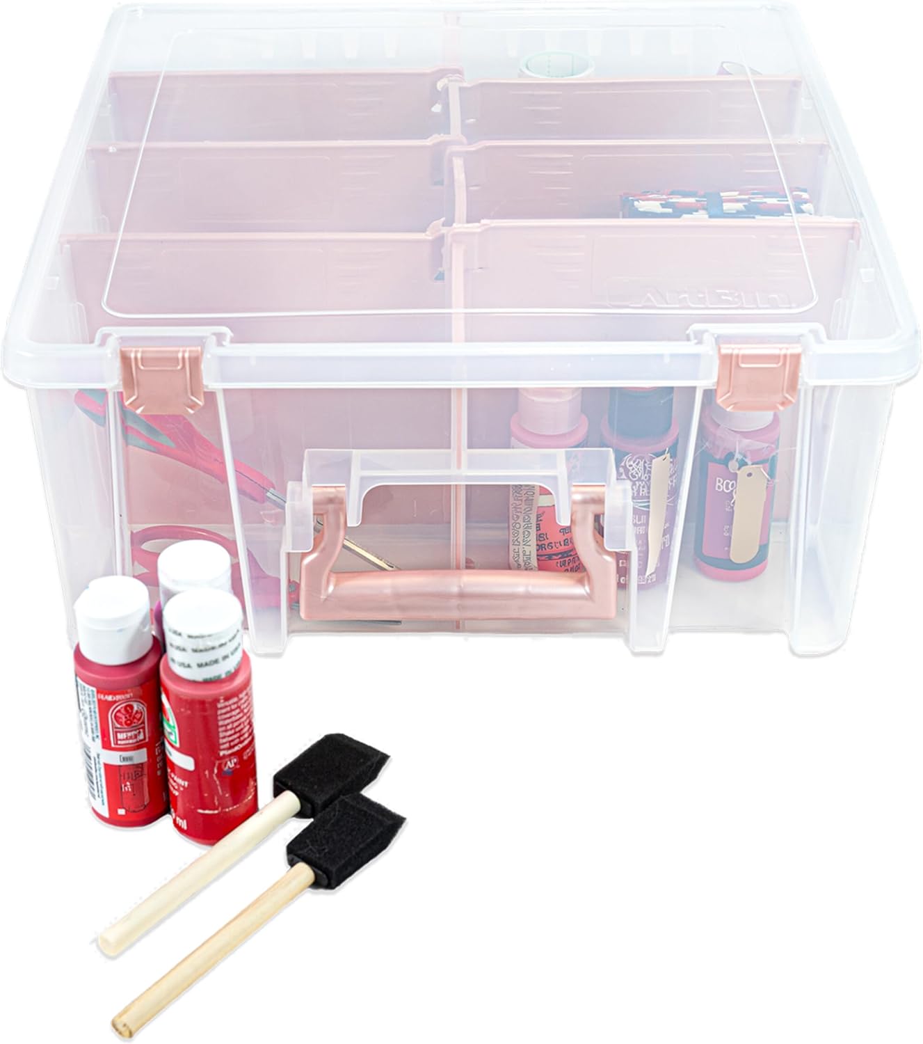 ArtBin 6990RK Super Satchel Double Deep, Portable Art & Craft Organizer with Handle, [1] Plastic Storage Case, Clear with Rose Gold Accents