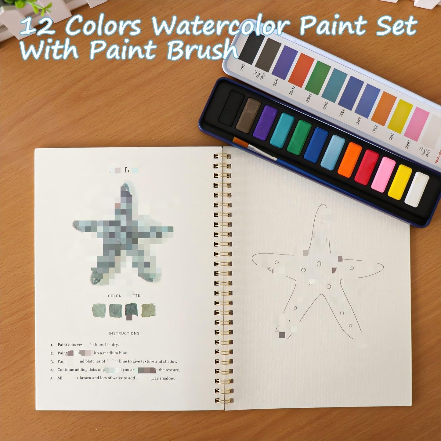 Beginner Watercolor Painting Kit Watercolor Workbook Coloring Book 12 Colors Paint Set with Brush,Easy Nature Scenes Beginner Friendly Watercolor Paint Set Gift for Adults Teens. (Christmas)