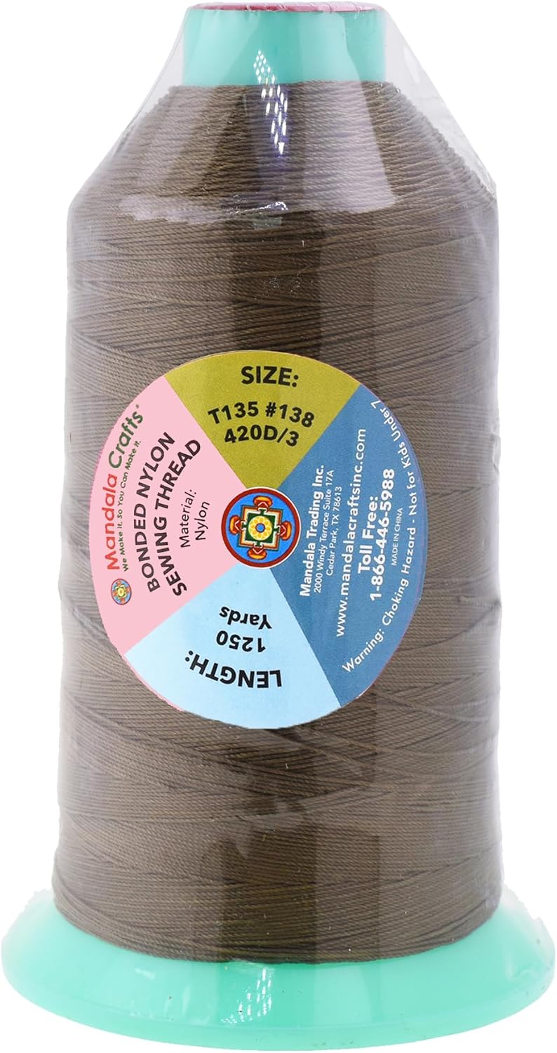 Mandala Crafts Bonded Nylon Thread Coyote Brown Heavy Duty Sewing Threads - 1250 YDs Size 138 420D T135 Tex 135 Thread for Leather Jeans Weaving Outdoor Marine Upholstery Threads