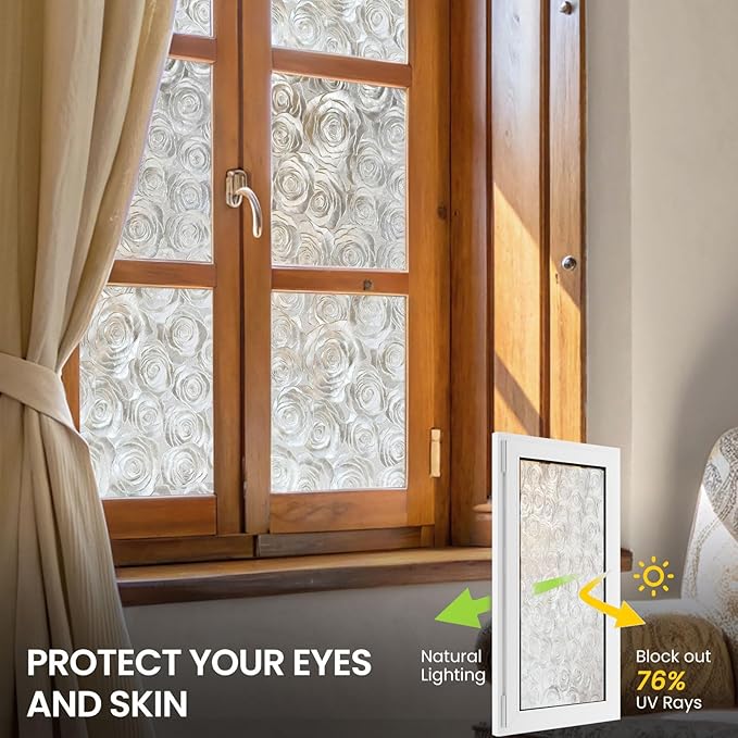 Window Privacy Film, Frosted Glass Decorative Static Cling, Removable Sun Blocking Vinyl Covering,Window Film for Home Kitchen Living Room Bathroom,Sea of Flowers,35.4" x 78.7"