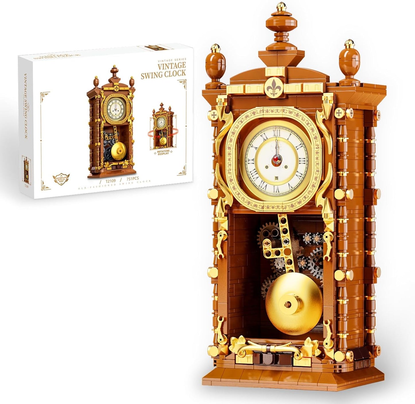 Retro Swing Clock Building Blocks Set, Vintage Pendulum Clock with Functional Clock Mechanism Model Kit, Creative Gift Toys for Adults Teens 14+ (751 Pieces)