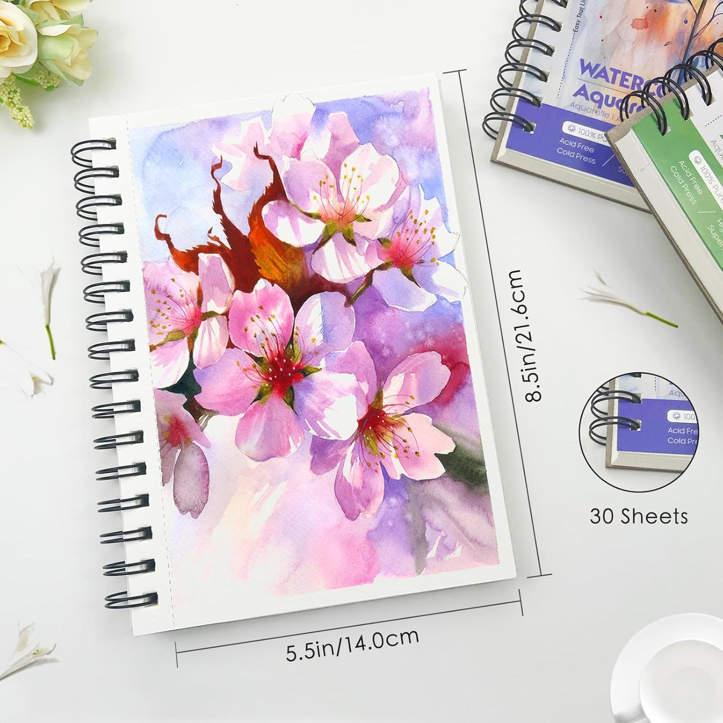 KOVIEDE 100% Cotton Watercolor Paper Pad - 30 Sheets 5.5"x8.5" Spiral Bound, 140lb/300gsm Cold Press Watercolor Sketchbook, Artist Quality Art Journal Supplies for Adults, Kids & Beginners, Purple