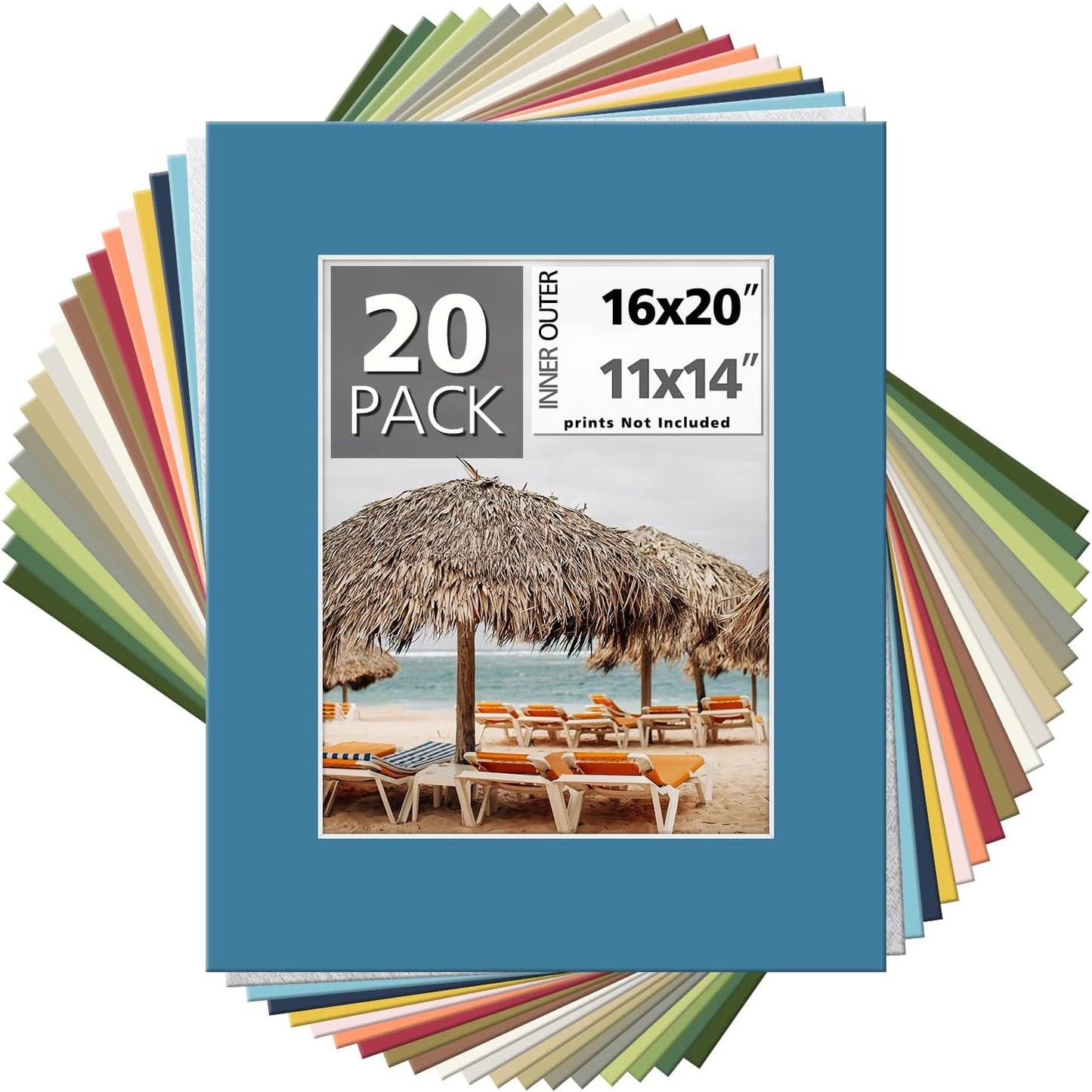 Mat Board Center, Pack of 20, 16x20 Mixed Colors White Core Picture Mats Mattes Matting for 11x14 Photo