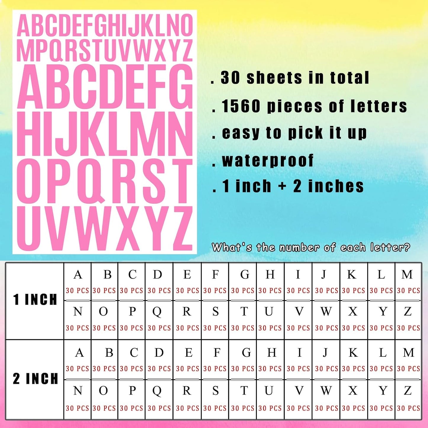 Bemeol Letter Stickers 1560 Pieces 30 Sheets Stick on Vinyl Letters Capital Alphabet Sticker Letter for Craft Bulletin Boards Classroom Home Business Decor(Pink,1 Inch,2 Inch)