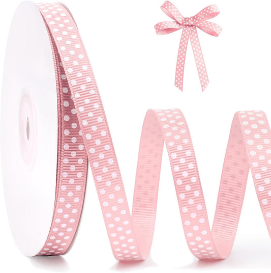 Polka Dot Grosgrain Ribbon 3/8 Inch, 25 Yards Spool Pink and White Dot Craft Ribbon for Christmas Gift Wrapping DIY Crafts Hair Bows Wedding Party Decor Sewing and Home Decoration
