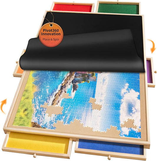1500 Piece Rotating Puzzle Board Pro, 34" x 25" with 6 Drawers, Rubber Cover Mat, 360° Lasy Susan, Sort-Wise Colorful Felt Drawers & 4 Trays, Wooden Jigsaw Puzzle Table, Birthday Gifts for Mom