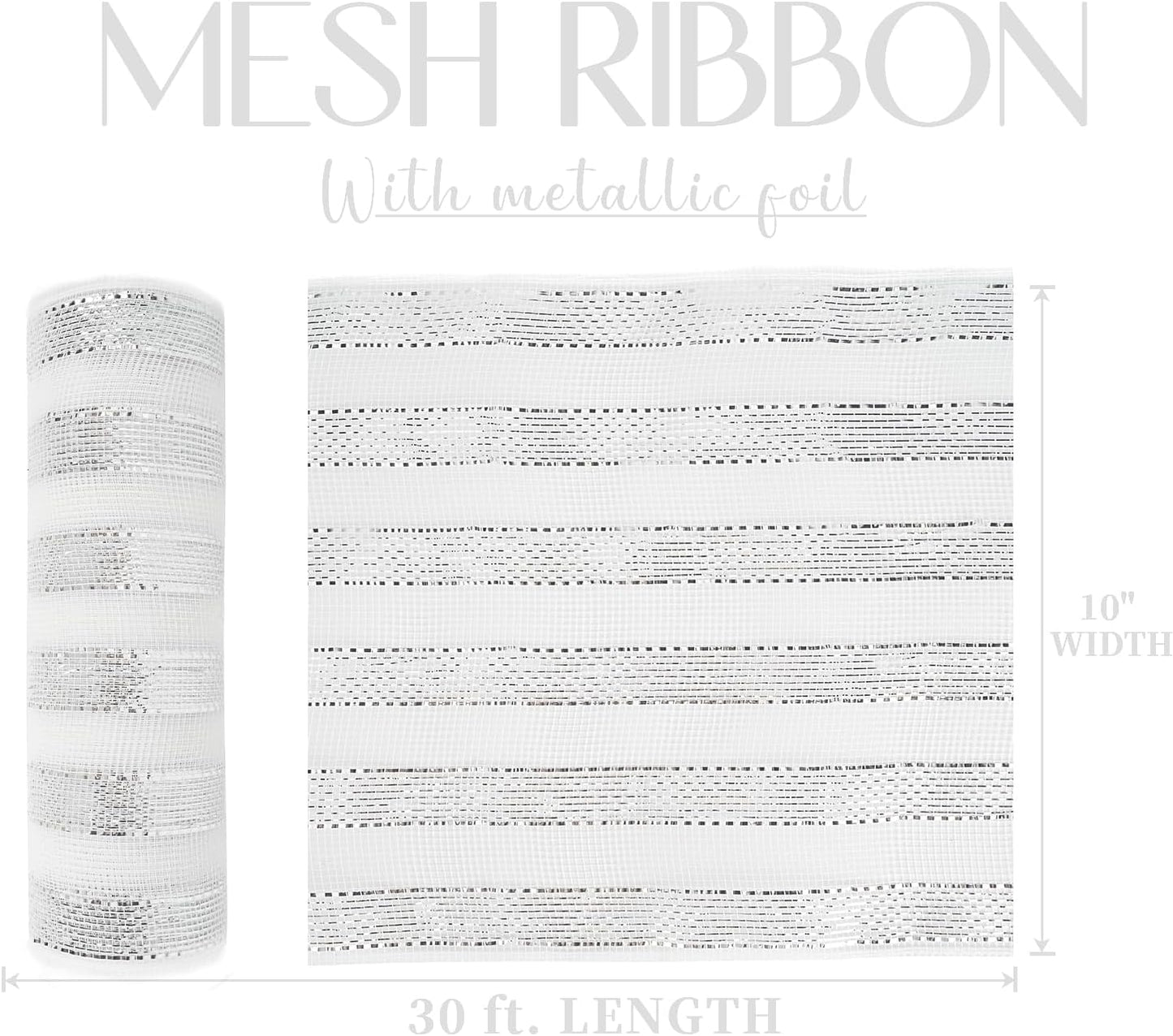 MEEDEE Silver Mesh Ribbon 10 Inch Deluxe Wide Foil Metallic Striped Deco Mesh Decorative Mesh Christmas Mesh Ribbon for Wreaths, Christmas Tree, Garland, Gift Wrapping, Bows Making (30 Feet)