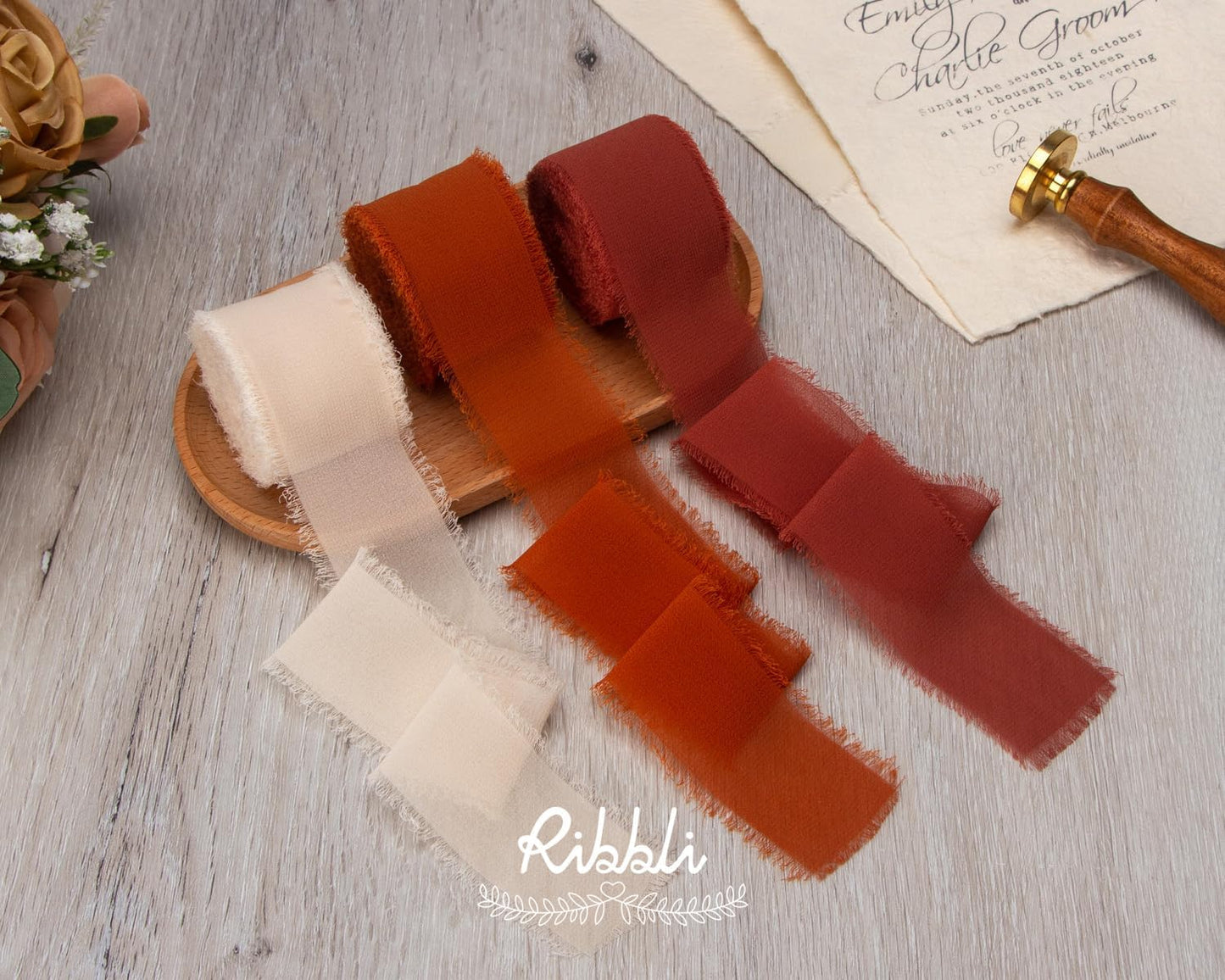 Ribbli Chiffon Silk Ribbon, 1.5 inch x 30 Yard, Champagne/Terracotta/Rust Red Fringe Chiffon Fall Ribbon for Wedding Invitations, Bridal Bouquets Wrapping, Flower Arrangement Decoration