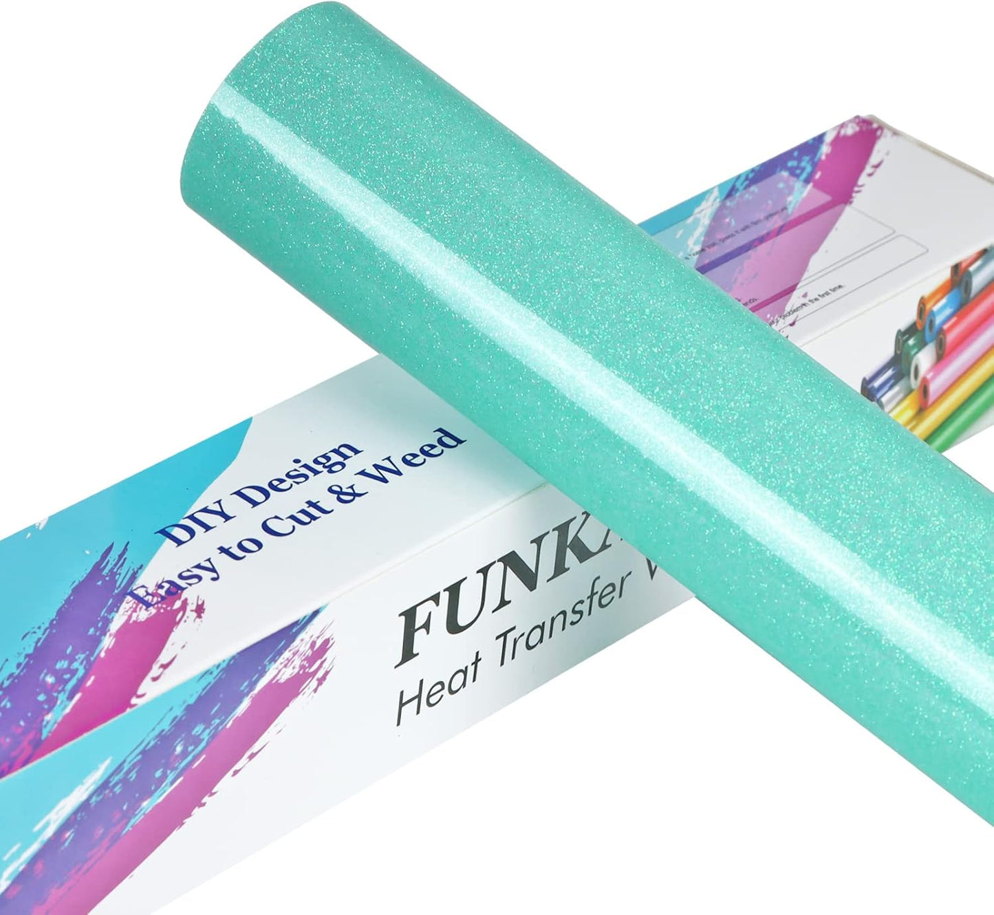 FUNKAKA Glitter Fluorescent Light Blue HTV Heat Transfer Vinyl Rolls, 12" x 8ft PU Iron on Vinyl for T-Shirts Glitter HTV Vinyl for All Cutter Machines Easy to Cut & Weed for DIY Design
