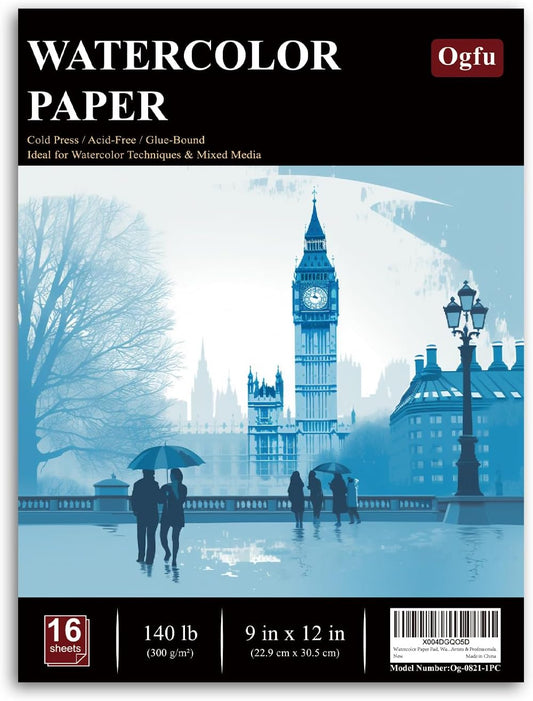 Watercolor Paper Pad, Watercolor Pad 9x12”, 300 GSM/ 140 lb Water Color Paper, 16 Sheets Cold Press - Painting, Drawing & Art Supplies for Adults & Kids, Watercolor Sketchbook for Wet & Dry Media.