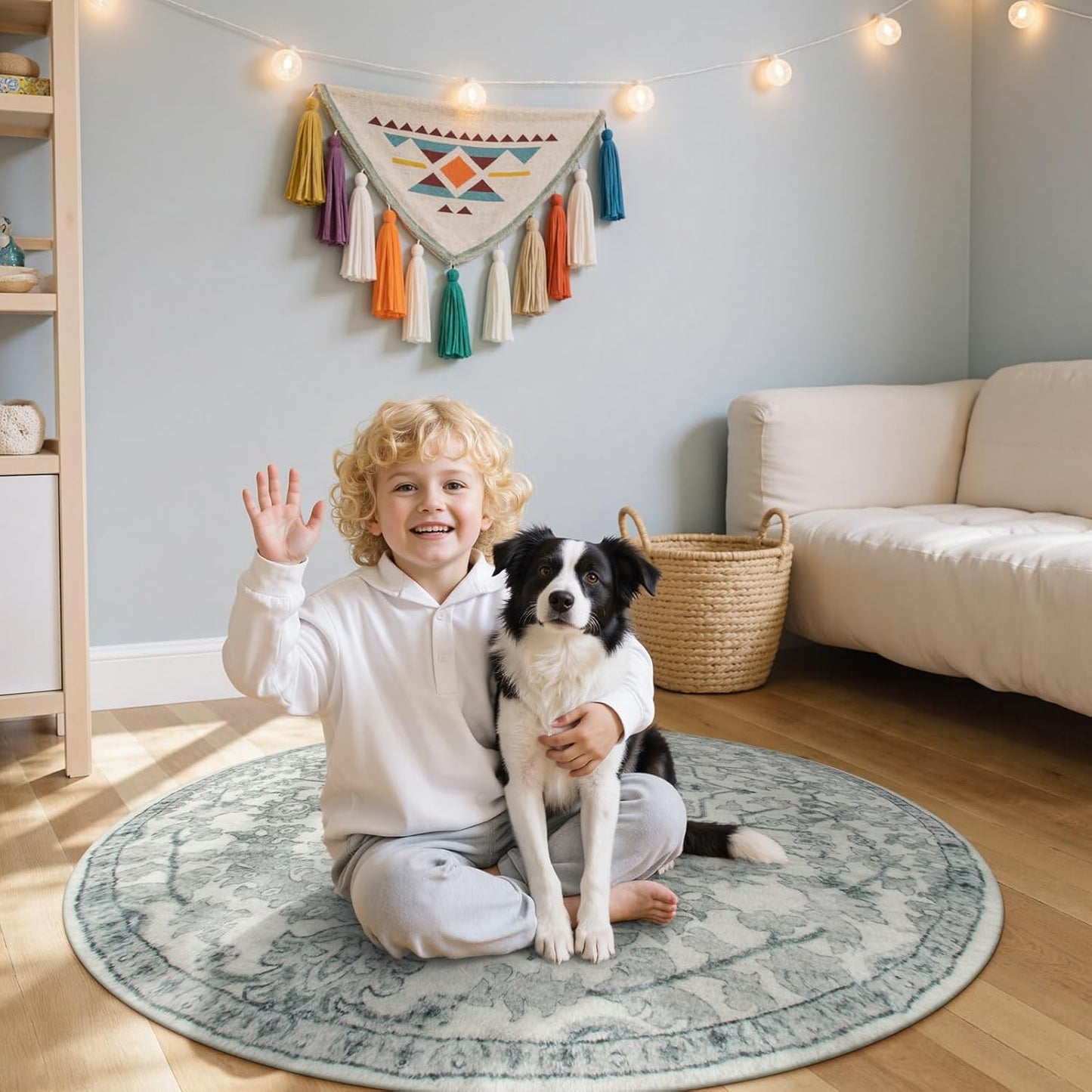 Lahome Bohemian Round Area Rugs, Washable Small Round Rug 3ft Soft Non-Slip Circle Rugs for Entryway, Low Pile Non-Shedding Print Indoor Carpet for Kitchen Laundry Bathroom, Beige