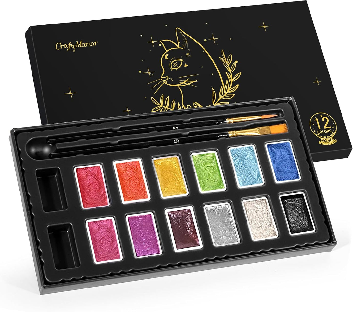 Mini Glitter Watercolor Paint Set with Paper, 12 Colors Shimmer Metallic Watercolour Painting Sets, Solid Pearl Water Color Paints for Adult, Kids(3ml 12 Colors)