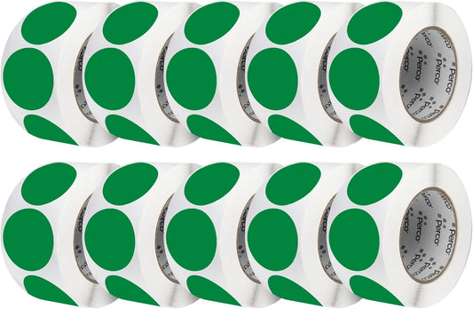 Perco Green 3-Inch Perforated Circle Dot Sticker Labels — 10 Rolls, 5,000 Round Stickers — with Permanent Adhesive for Moving Boxes, Sale Signage, Displays, Status Messaging—Made in USA