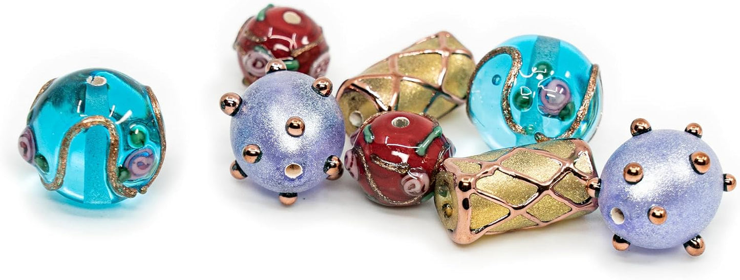 8 pcs Mix of Bohemia Lampwork Czech Glass Beads with Pearl Decorated Beads, Modern lampwork Design and Round Flower Beads, LW 002