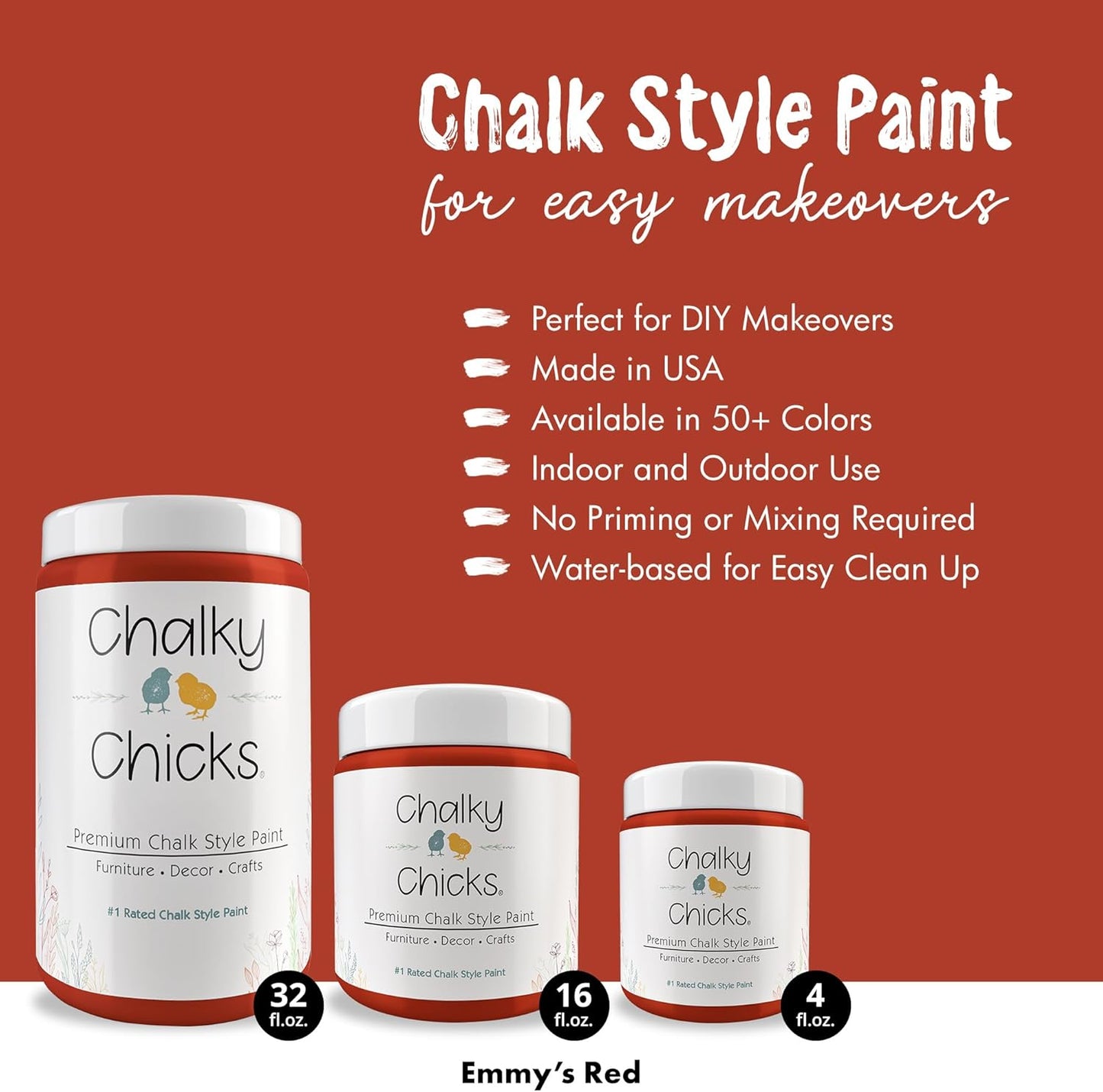 Chalky Chicks All-in-One Chalk Paint for Furniture or Cabinet - 32Fl Oz - Matte Finish Emmy's Red (Orange Red) for Metal, Wood Furniture Paint - No Sanding All-in-One for Home Decor & Crafts, USA Made