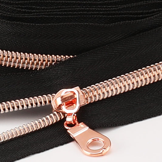 The Yards 10 Yards Bulk Black Nylon Coil Zipper with Rose Gold Teeth - Replacement Sewing Zipper with 10PCS Sliders for DIY Craft Bags