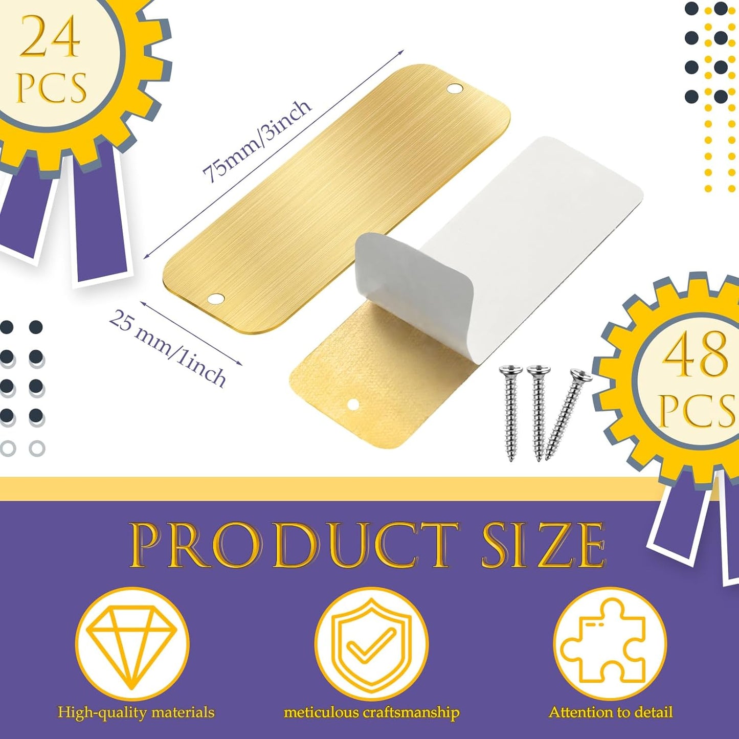 24 Pcs Personalized Name Plates Laser Engraved 1" x 3" Solid Brushed Metal Plaque Trophy Plate Blank Name Tag with Adhesive Backing and Screws for DIY(Gold,Round Corner)