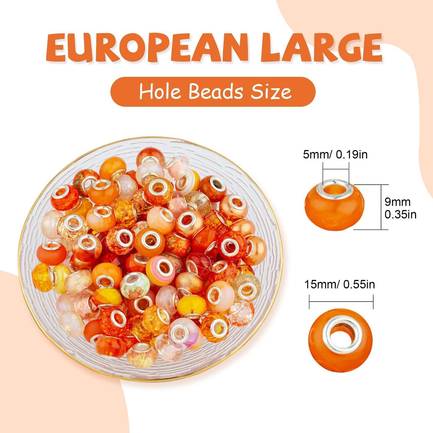 LAIDANLA Orange Mix Large Hole Beads, 100pcs 14mm x 5mm Round Resin, Plastic, Acrylic Loose Beads for Jewelry Making, DIY Gifts