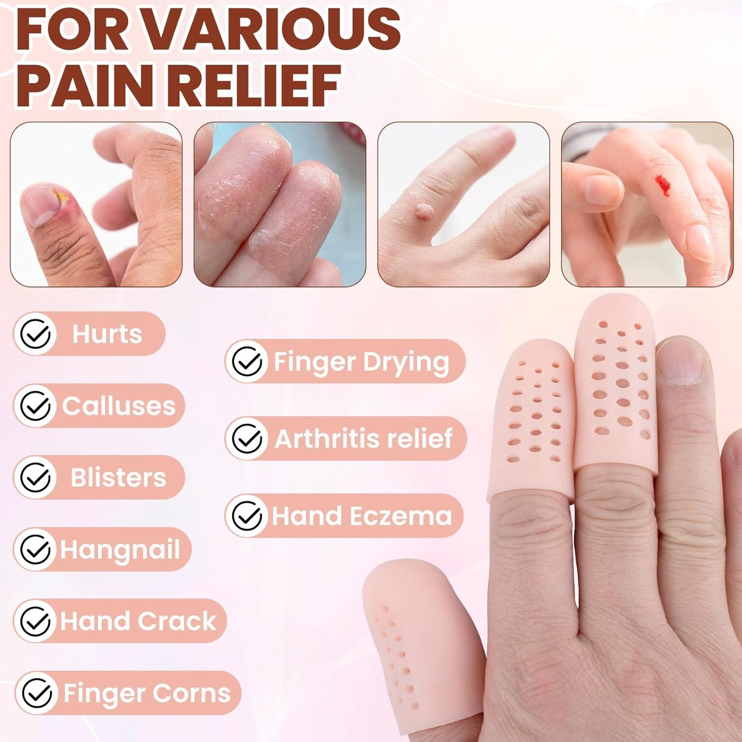 PAGOW 10pcs Gel Finger Cots/Covers, Silicone Finger Protector Support, Finger Caps Finger Sleeves Thumb Protector for Finger Cracking Trigger Finger Arthritis Pain Relief (Beige, 8 Small+2 Medium)