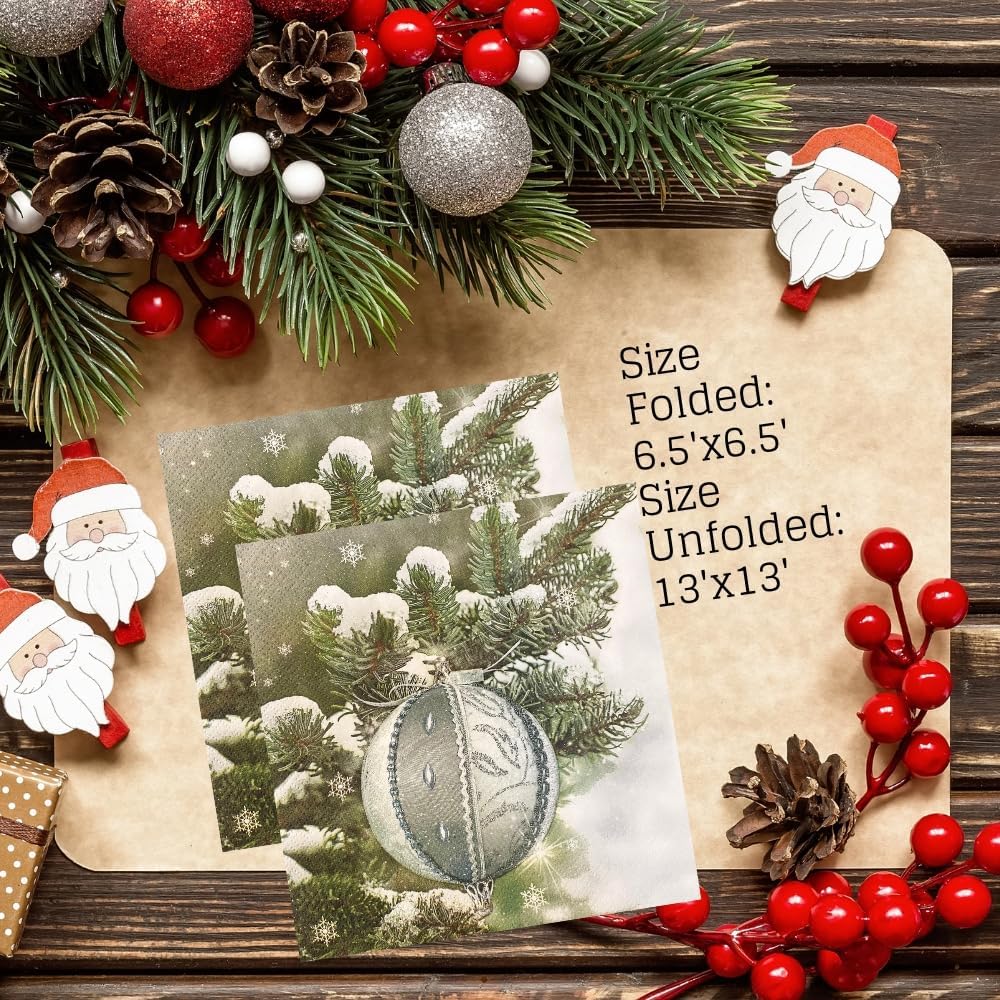 20-ct 13x13 Christmas Paper Decoupage Napkins, 3-Ply Servilletas Tissue Napkin for Dinner and Parties, Disposable Napkins (Ornament X)