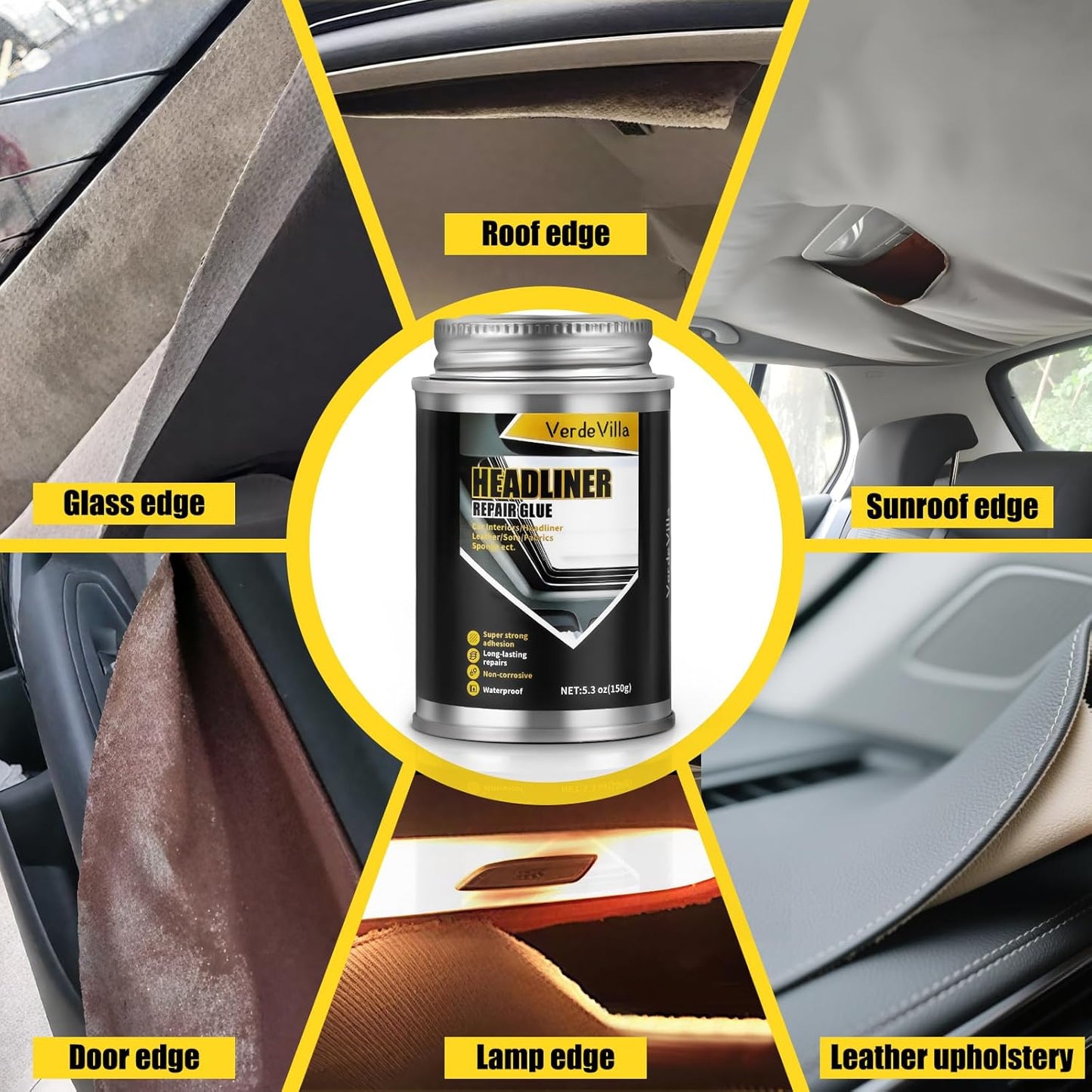 Headliner Repair Glue, Car Headliner Adhesive with Brush, Car Roof Liner Fabric Adhesive, Upholstery Glue for Cars,Headliner Repair Kit, Suitable for Automotive interiors, Fabric, Leather,150ml