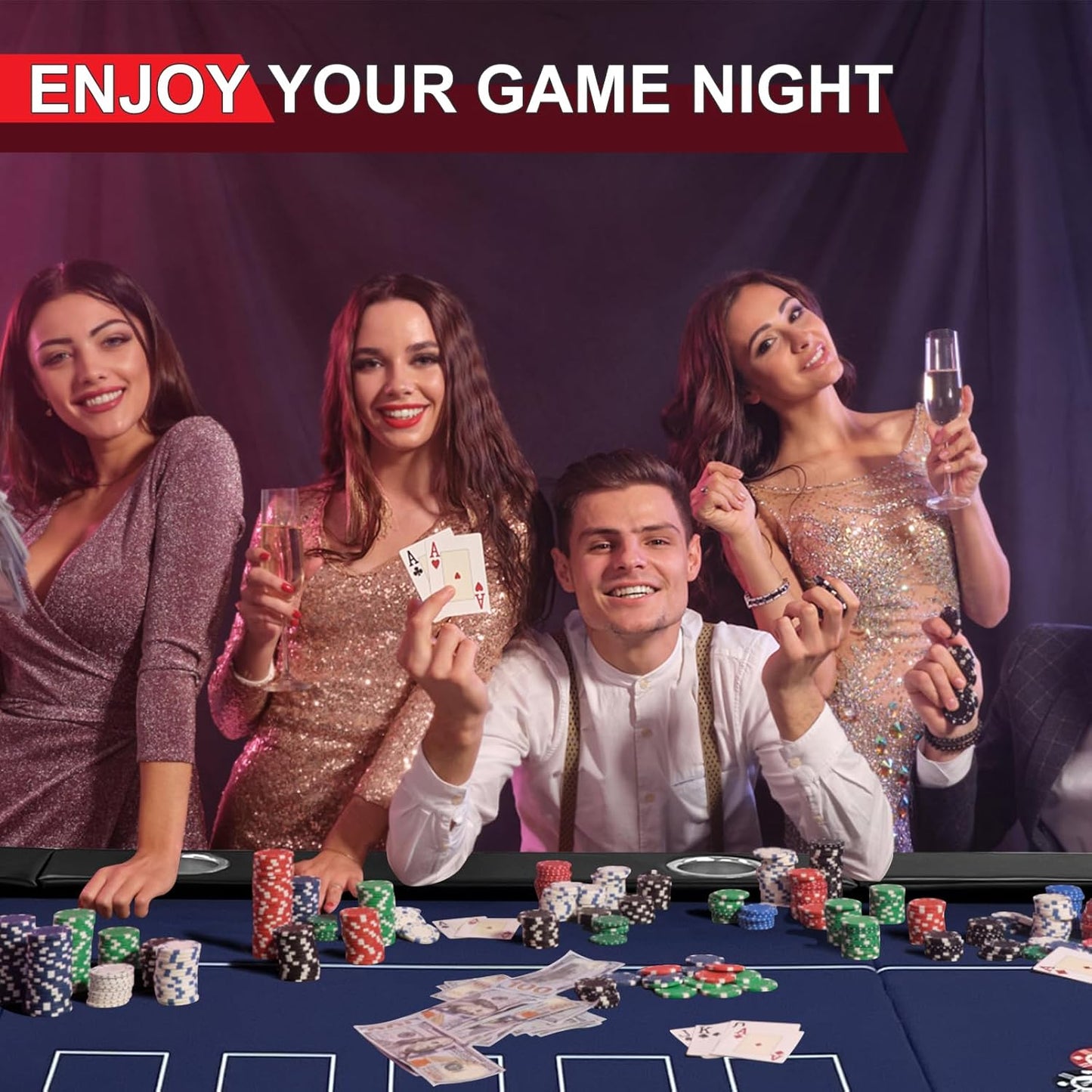 84" Poker Table, 10 Players Foldable Casino Leisure Texas Holdem Table, Portable Folding Game Table with Padded Rails and Cup Holders for Texas Card, Blackjack Board Game（Black）