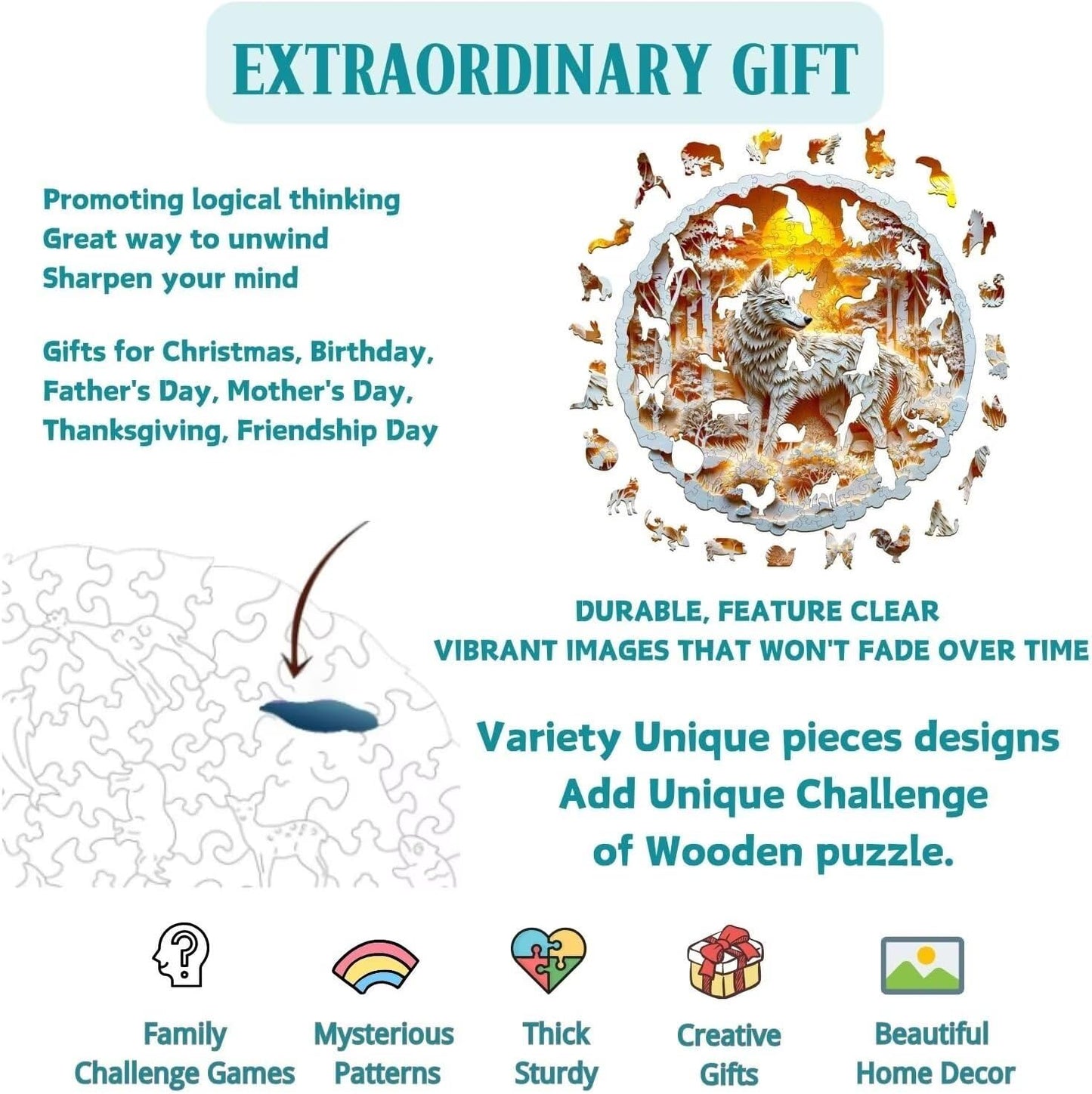 Wooden Puzzles for Adults, 3D Wolf Wooden Puzzles 100 Pieces, Unique Animal Shaped Wood Challenging Jigsaw Puzzles Gifts for Adults, 8.5x8.5in