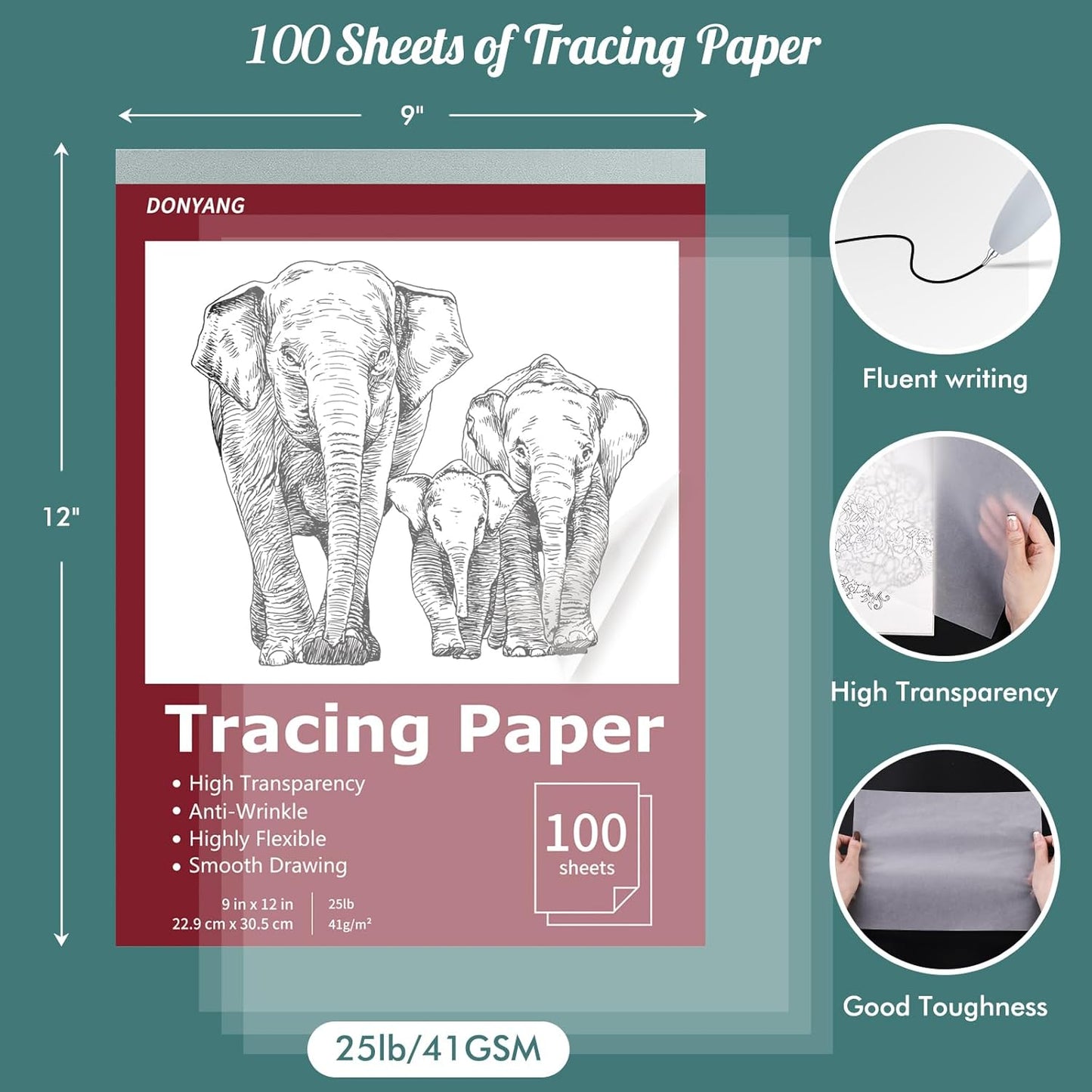 Tracing Paper 9x12 inch, 100 Sheets Transparent Vellum Paper for Tracing Pads, Translucent Tracing Paper for Pencil, Marker and Ink - Trace Images, Sketch, Preliminary Drawing, Overlays, Red