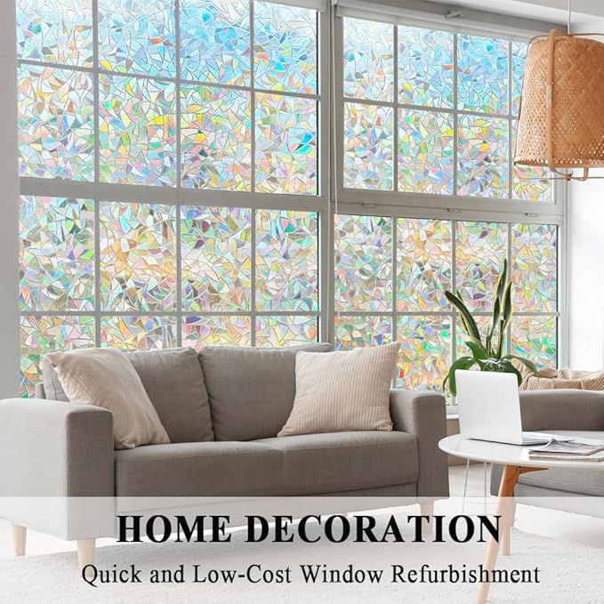 3D Prism Window Film,Transparent Decorative Glass Film Window Door Tint,Rainbow Effect Static Cling Heat Control Anti UV for Kitchen,Dining Room,Bedroom,Living Room,35 inches by 78.7 inches