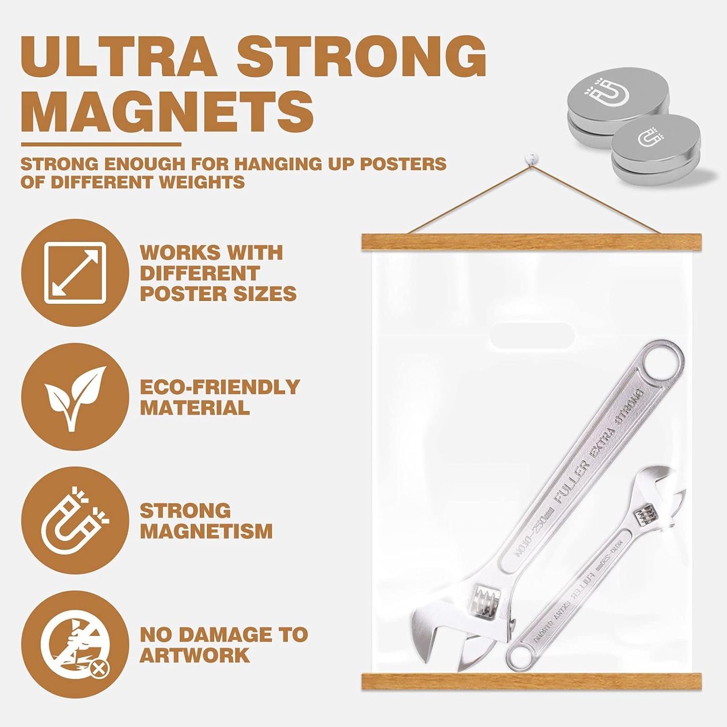 Ywlake Magnetic Poster Hanger, 17x24 17x11 17x22 Poster Frame Wood Wooden Magnet Print Posters Dowel Scroll Hanger Hangers Hanging Kit for Walls Map Canvas Artwork (Teak Wood, 17")