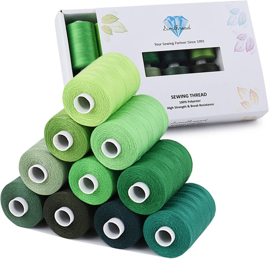 Simthread All Purposes Sewing Thread, 10 Spool Assorted Green Series 1000 Yards Each Bobbin Polyester Thread for Sewing, Handy Polyester Sewing Threads for Sewing Machine - (Natural Green Series)