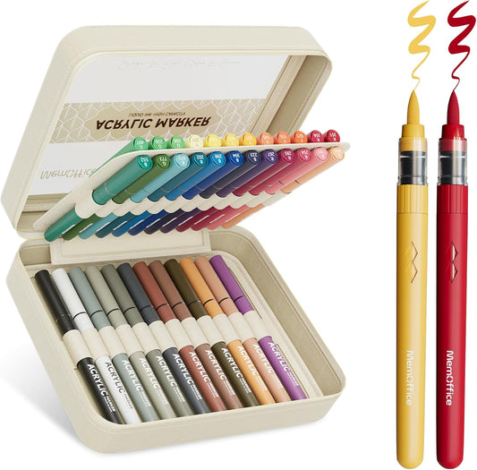 MemOffice Direct Liquid Acrylic Paint Markers, 36 Colors Brush Tip Pens with Carrying Case, No Bleed, Waterproof, for Rock, Wood, Canvas, Glass, Fabric, DIY Crafts for Adults & Kids