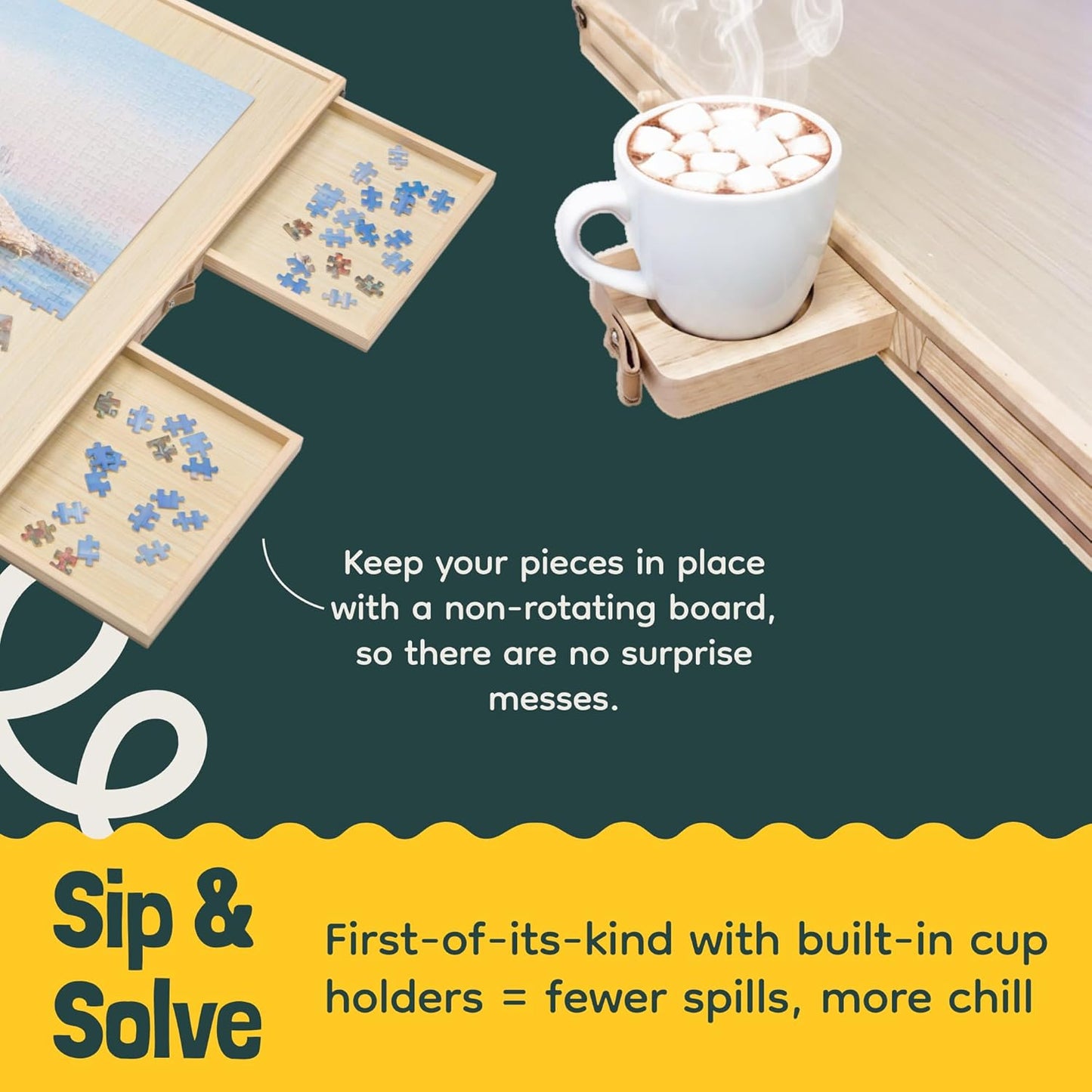 Gondola 1500 Pieces Puzzle Board with Mug Holders, 6 Drawers and Cover, Sturdy Jigsaw Puzzle Table Tray, 26"x35" Portable Wooden Jigsaw Puzzles Accessories, Jig Saw Home Holder Organizer Boards