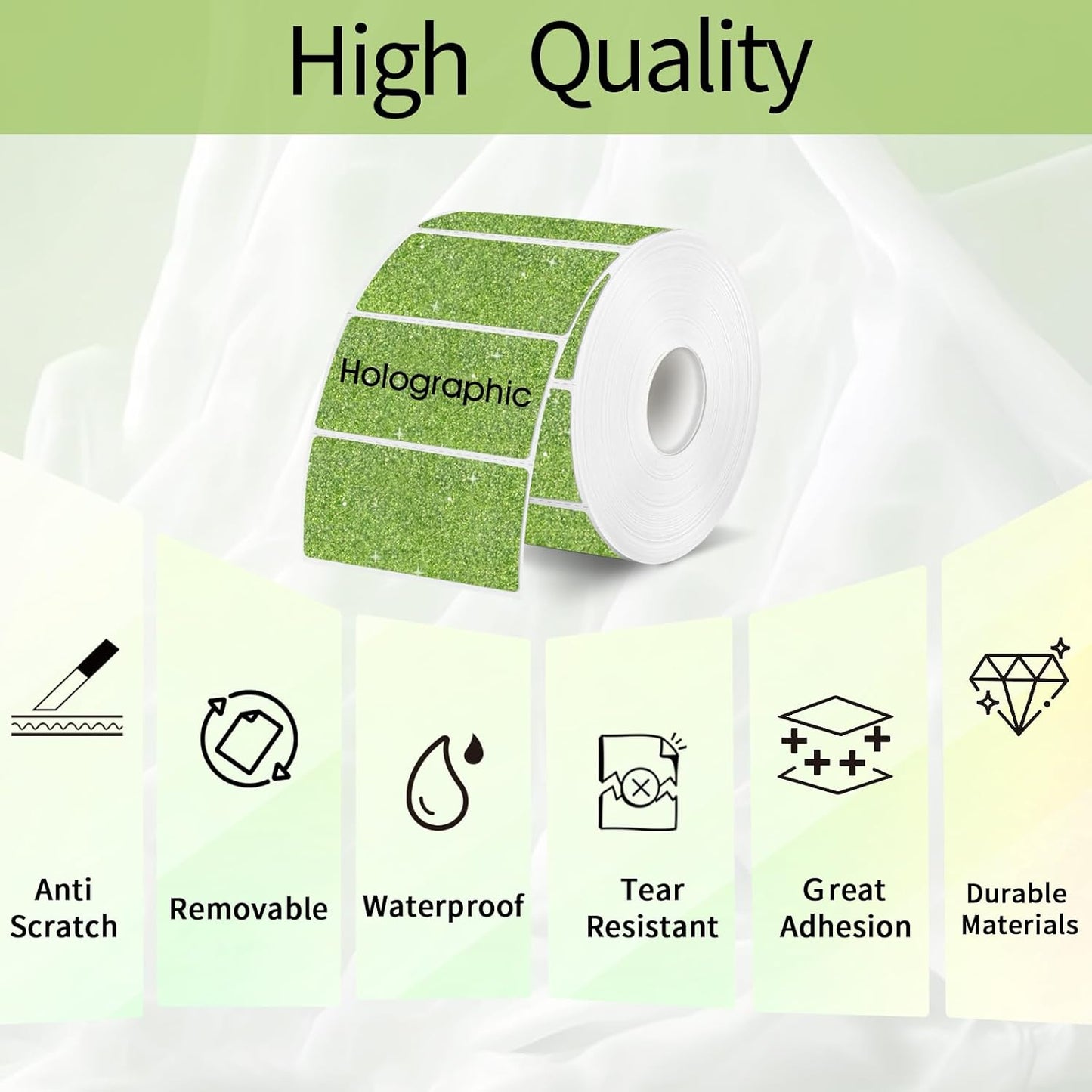 3x2 Inch Holographic Thermal Labels Stickers, Glitter Waterproof Direct Thermal Sticker Labels for Barcode, Mailing, DIY Design- 200Pcs /Glitter Green
