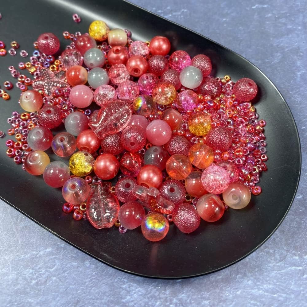 Assorted Glass Resin Beads Multi Size Colors Smooth Cracked Gravel Millet Spacer Beads for Bracelets Necklace Earring DIY Jewelry Making Craft(Rouge Red Series)